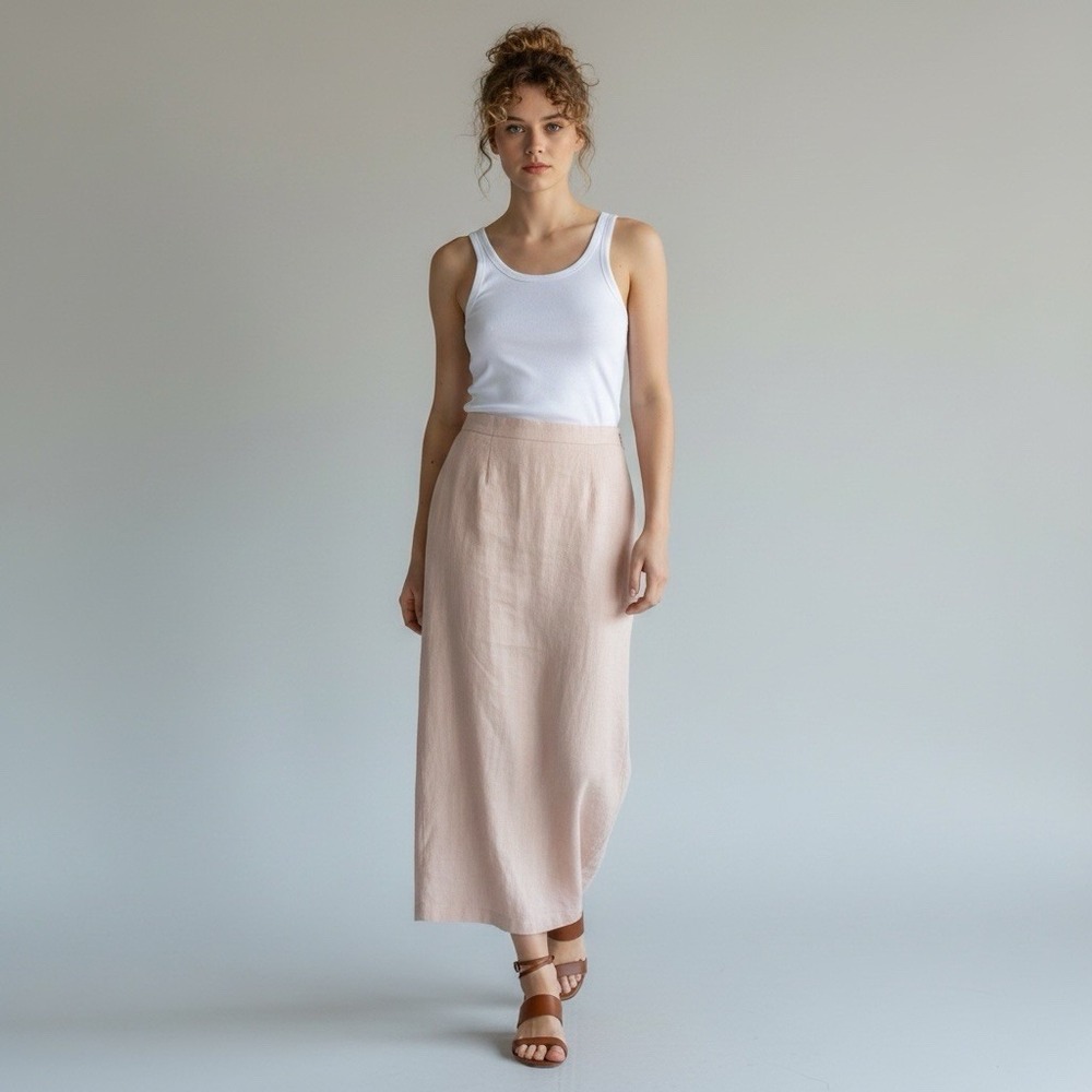 Finity 100% Linen Capsule Minimalist Cargo Maxi Skirt 14 Light Pink Patch Pocket